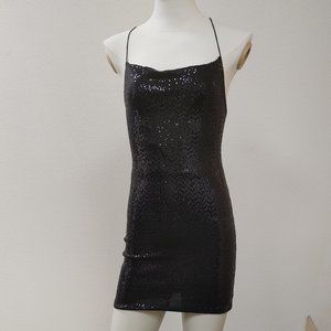 BLACK SEQUINE MINI DRESS WITH CRISSCROSS LACE UP BACK BY BETTER BE SIZE S